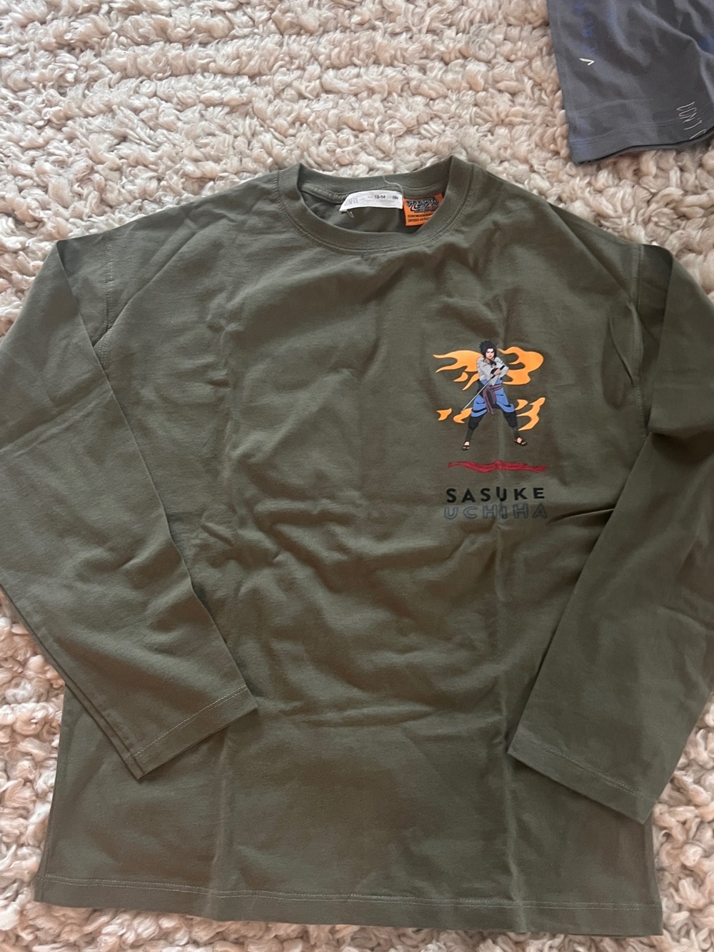 Zara Olive Green Long-Sleeve Tee with Sasuke Graphic
